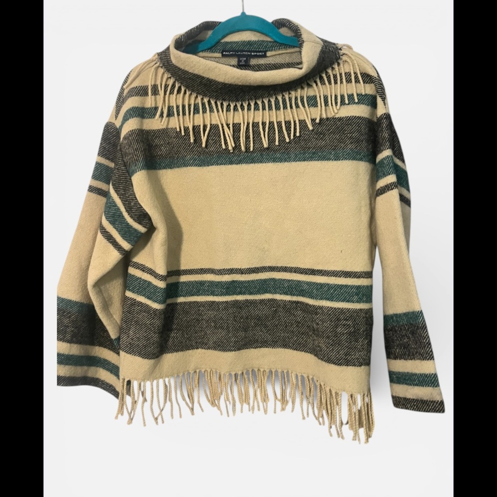 RALPH LAUREN 
Womens 100% Wool Pullover
Fringe Blanket Sweater